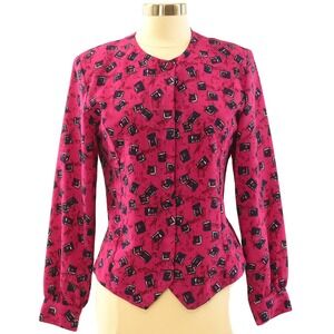 80s Vintage Geometric Print Blazer Womens M 8 Fuschia Pink Abstract Mod Jacket